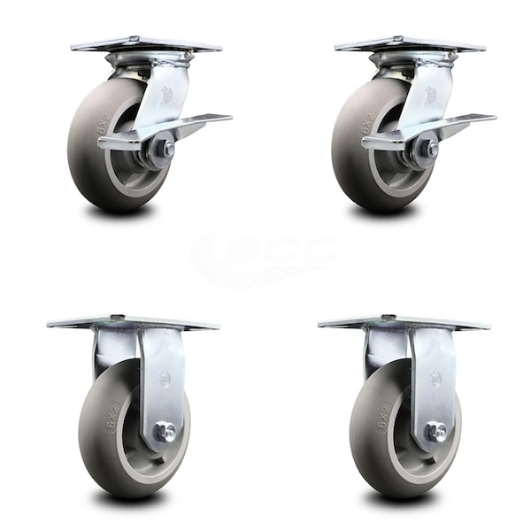 6 Inch Thermoplastic Caster Set with Roller Bearing 2 Brakes and 2 Rigid SCC